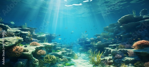 Fototapeta Naklejka Na Ścianę i Meble -  Seabed underwater coral with shiny sunlight. Generative AI technology.	
