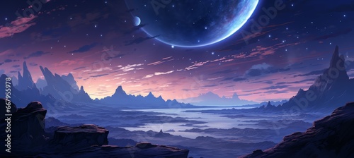 Majestic planet landscape and wonderful night. Drawing illustration design. Generative AI technology.