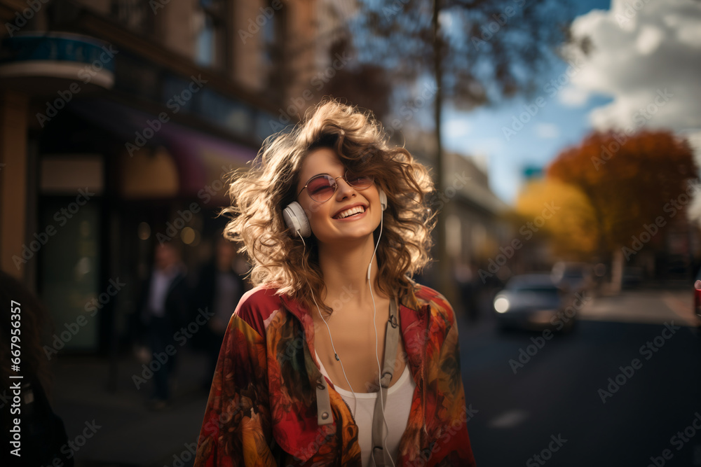Mulher muito feliz e curtindo uma boa música no fone de ouvido enquanto anda na rua. - obrazy, fototapety, plakaty 