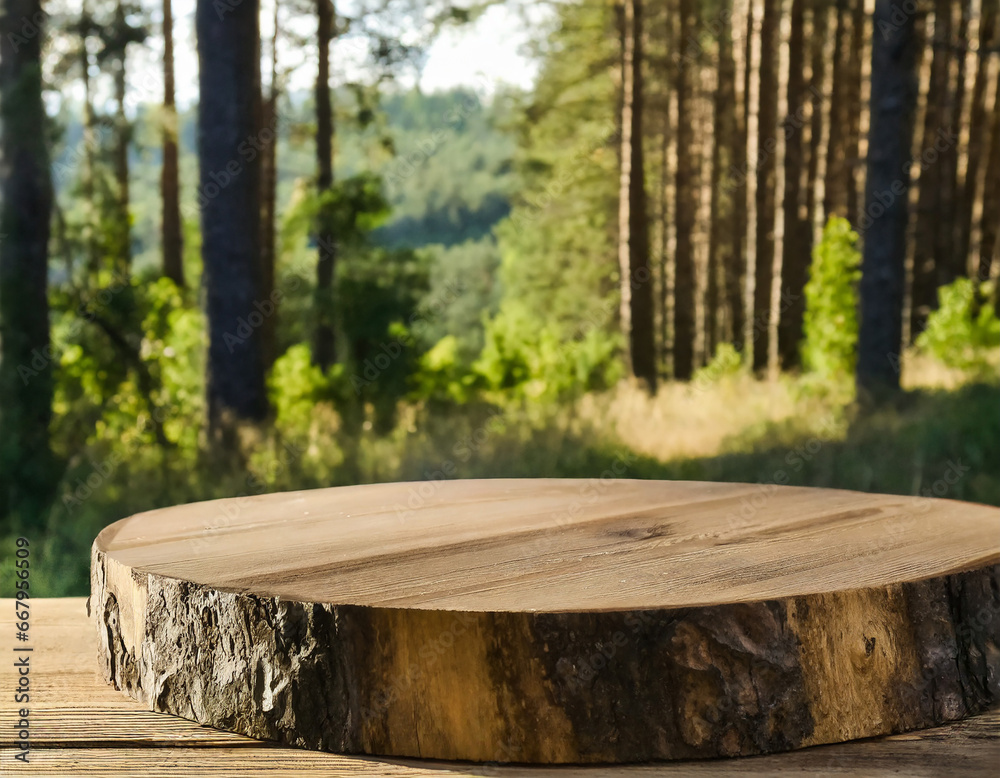 Empty wooden round table for product placement or montage with blurred forest background. High quality photo