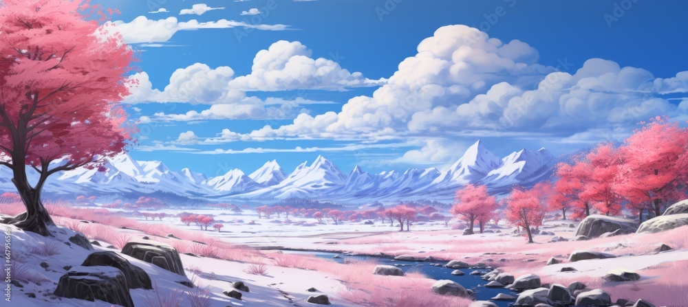 Winter field and snow mountains landscape with cherry blossom flower tree. Drawing illustration design. Generative AI technology.	
