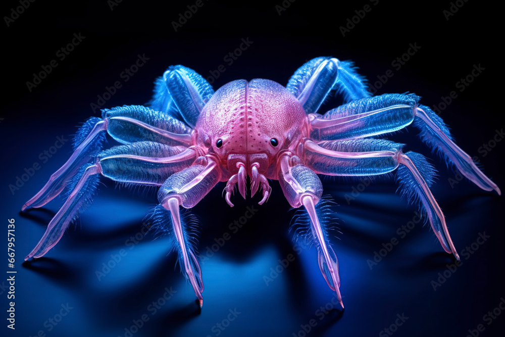 A glowing pink and blue spider. (Generative AI) A glowing pink and blue spider. (Generative AI)