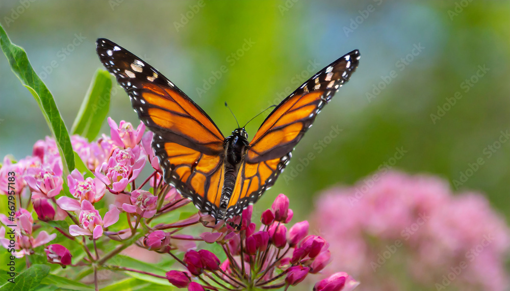 Macro abstract view of a monarch butterfly feeding on the flower blossoms of an attractive rosy pink swamp milkweed plant (asclepias incarnata), with defocused background Macro abstract view of a monarch butterfly feeding on the flower blossoms of an attractive rosy pink swamp milkweed plant (asclepias incarnata), with defocused background