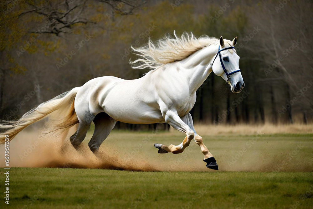 white horse running and generated AI
