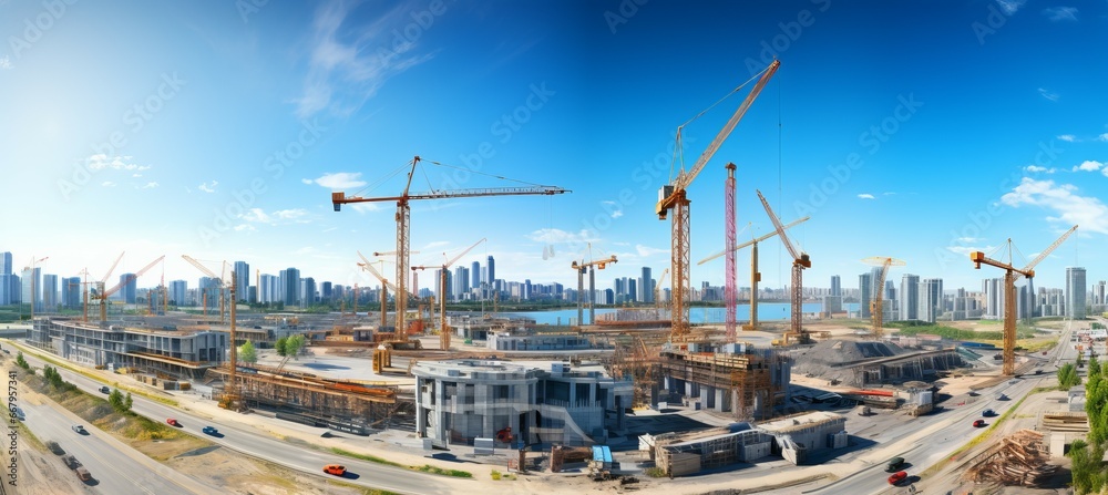 Building property construction sites development and tower cranes. Generative AI technology.