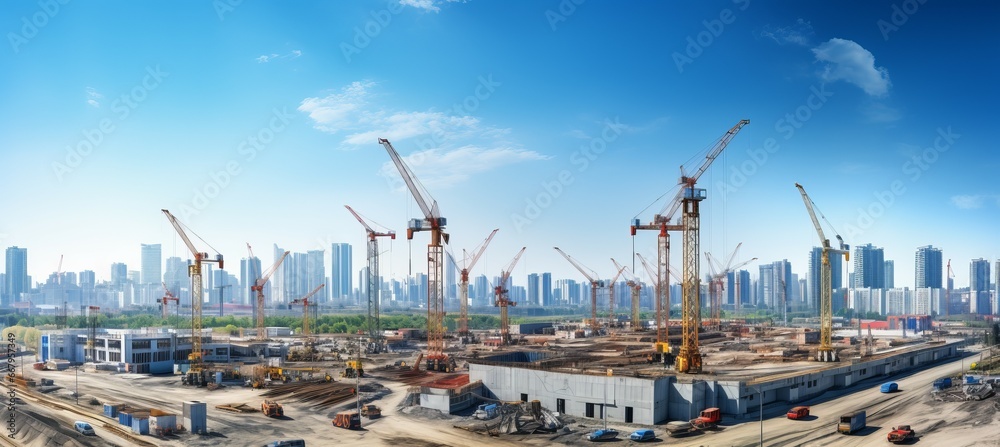 Big project construction sites development and tower cranes. Generative AI technology. Big project construction sites development and tower cranes. Generative AI technology.