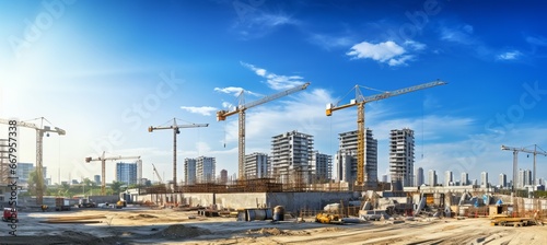 Building construction sites development and tower cranes. Generative AI technology. photo