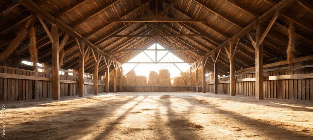 Fototapeta premium Traditional wooden barn interior with shiny light. Generative AI technology. 