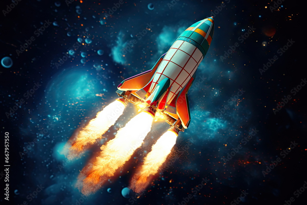 Obraz premium Rocket flying up into out space, galaxy background