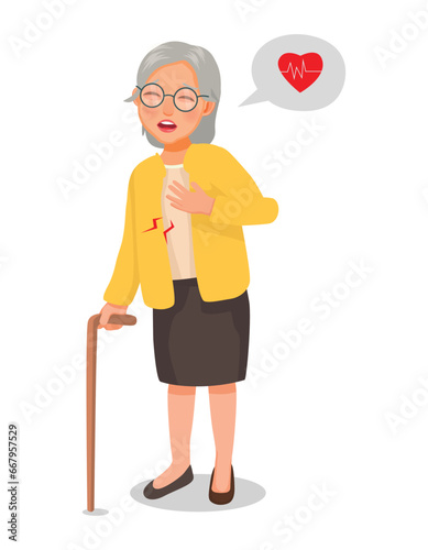 Senior elderly woman suffering from chest pain having heart attack symptom
