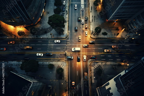 top view of intersection in a prosperous city, time lapse of car, long shutter speed photo