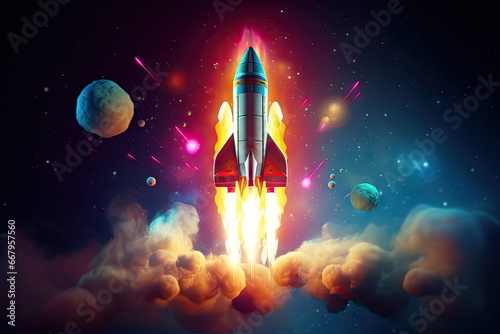 Rocket flying up into out space, galaxy background