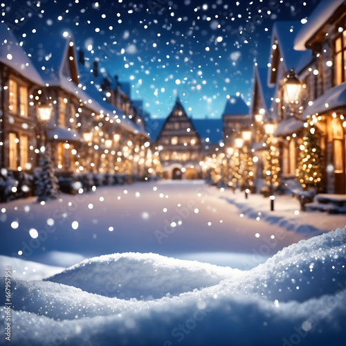 Festive Christmas background, snowdrift and sparkling bokeh lights