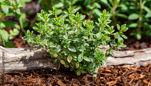 Close-up view of a variegated lemon thyme (thymus citriodorus) herb plant in a sunny herb garden with cedar bark mulch