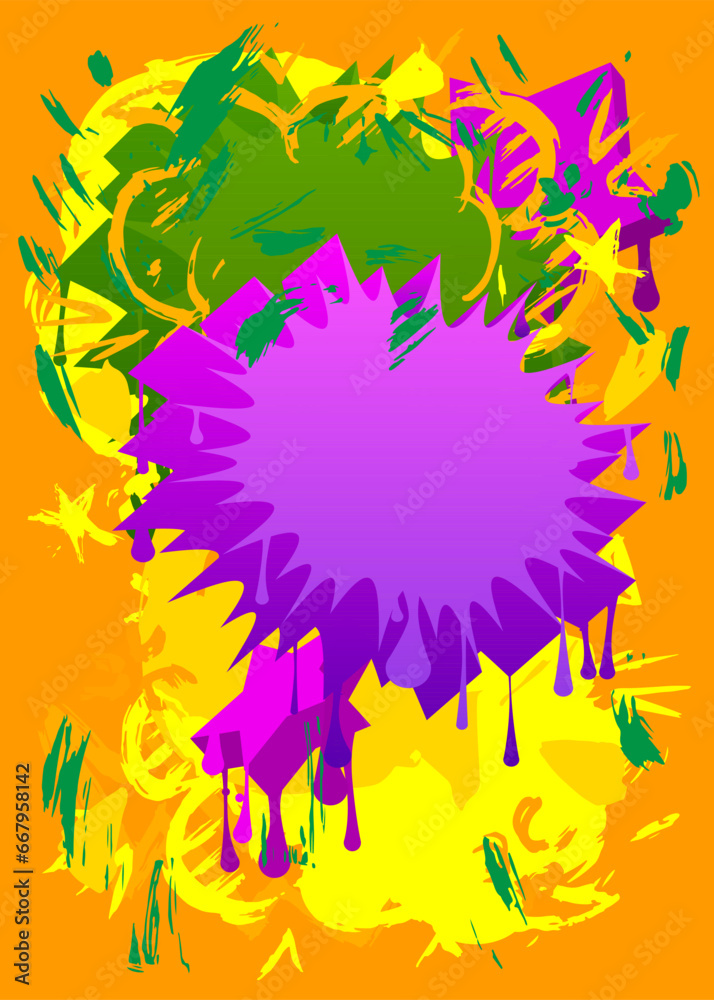 Green, yellow and purple graffiti speech bubble background. Abstract vector Messaging sign street art decoration, Discussion icon performed in urban painting style.