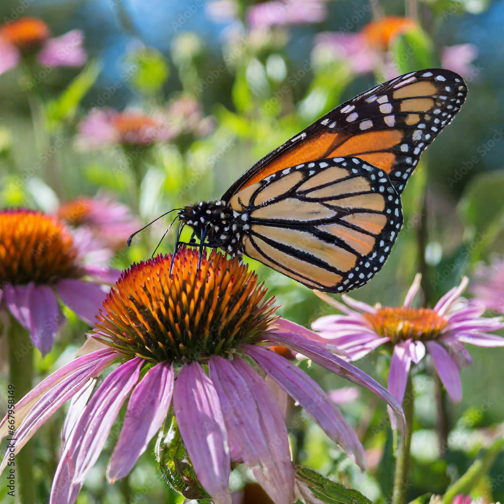 Close-up view of a monarch butterfly feeding on purple coneflowers (echinacea purpurea) in a sunny ornamental garden Close-up view of a monarch butterfly feeding on purple coneflowers (echinacea purpurea) in a sunny ornamental garden