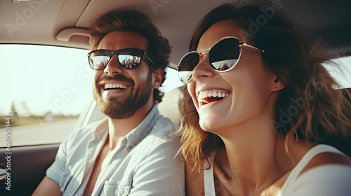 transport  road trip  technology and people concept - smiling couple driving in car  travel concept