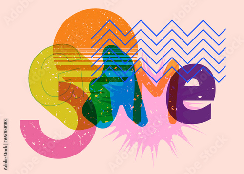 Risograph Game word with geometric shapes. Object in trendy riso graph design.