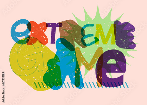 Risograph Extreme Game word with geometric shapes. Object in trendy riso graph design.