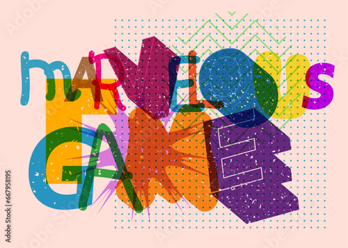 Risograph Marvelous Game word with geometric shapes. Object in trendy riso graph design.