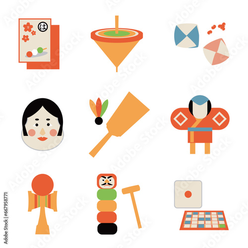 日本の正月　昔の遊び　かわいいイラスト素材