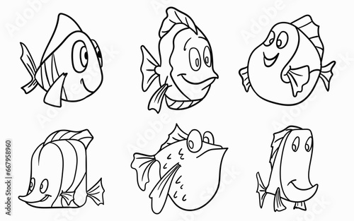 Coloring page with sea animals. Cute fish cartoon characters set. Set of isolated line hand drawn fish
Fish and wild marine animals in ocean. Sea world dwellers, cute underwater coral reef creatures