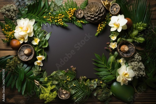 An empty blackboard presents room for personalization and is beautifully framed by vibrant flowers and lush green leaves, creating a delightful and natural backdrop. Photorealistic illustration