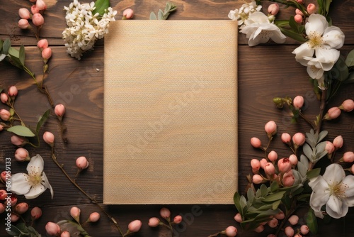 A blank mockup journal cover, offering space for personalization, is adorned with flowers and positioned on a wooden table, creating a charming display. Photorealistic illustration photo