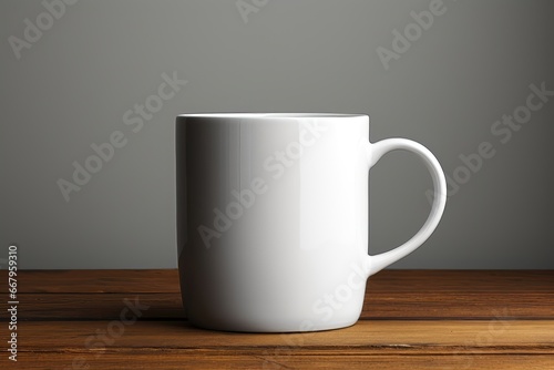 A close-up view of a white mug with blank mockup surface, designed for customization, offers a detailed perspective on the space available for your design. Photorealistic illustration