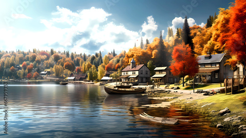 Small village at lake in autumn