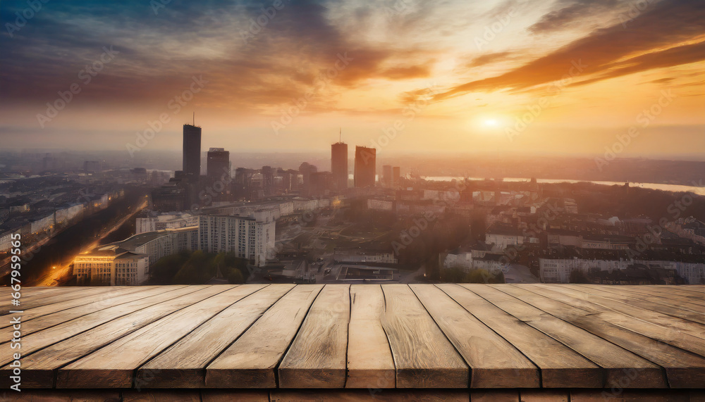 Wooden table top on blurred city with sunset view background - can be used for display or montage your products. High quality photo