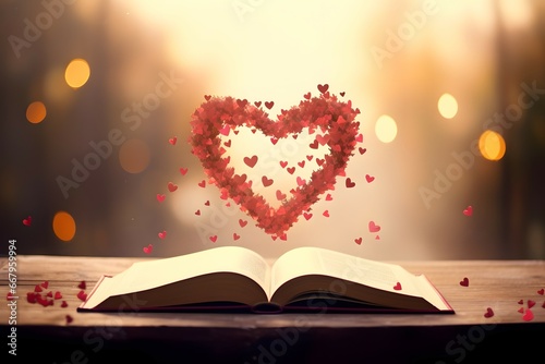 a romantic background with a heart shape floating on an open book