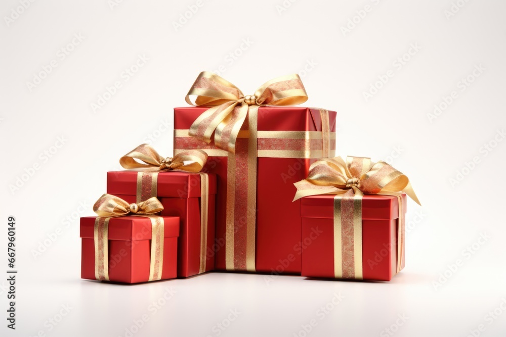 gift boxes with ribbon bow isolated on white background. generative AI. gift boxes with ribbon bow isolated on white background. generative AI.
