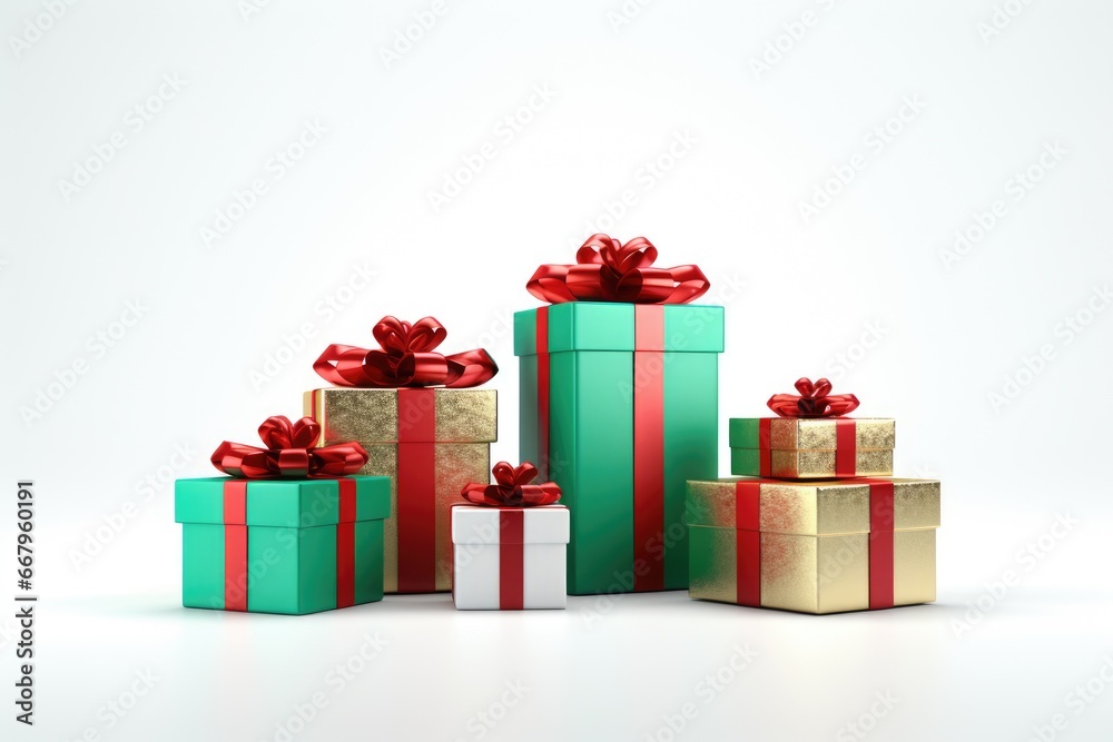 gift boxes with ribbon bow isolated on white background. generative AI. gift boxes with ribbon bow isolated on white background. generative AI.
