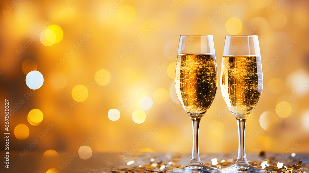 Two glasses of champagne with golden confetti on bokeh background Two glasses of champagne with golden confetti on bokeh background