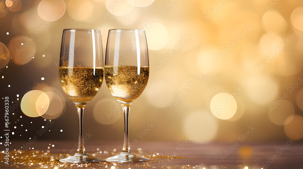 Two glasses of champagne with golden confetti on bokeh background