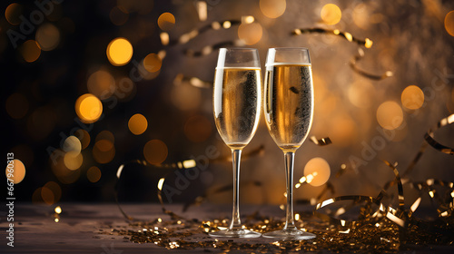Two glasses of champagne with golden confetti on bokeh background