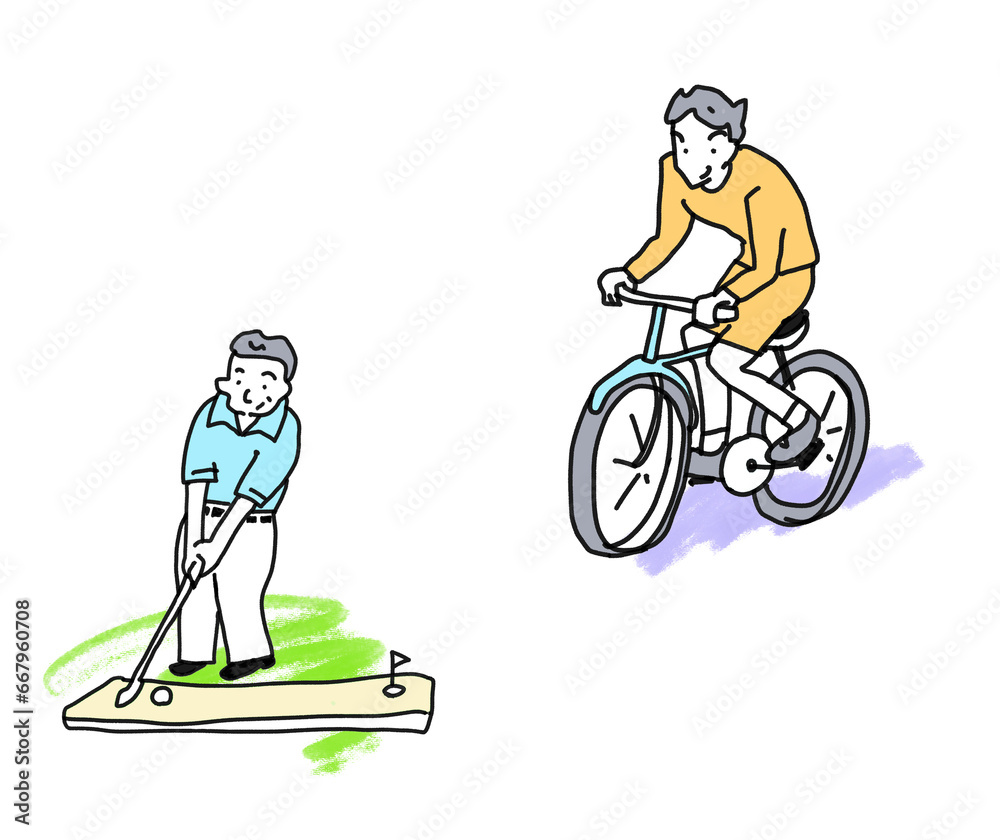 自転車に乗る男性とゴルフをする男性