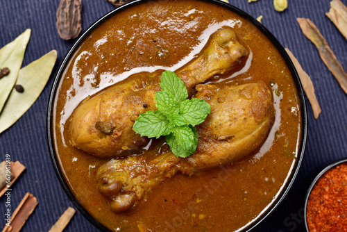 Indian style spicy chicken curry top view photo