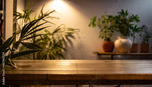 Wooden table in a dimly lit room with blurred white wall and plants background. High quality photo