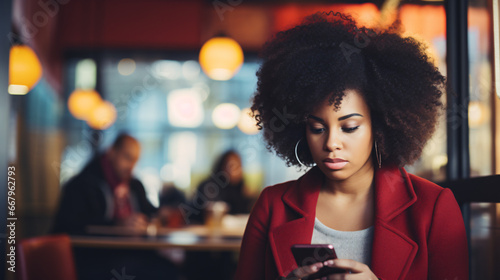 African American woman with serious and worried attitude while looking and texting on her cell phone, sitting in a bar. copy space. photo