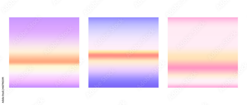 Sunrise or sunset colorful gradients background set. Smooth blurred wallpaper set in pink, blue, orange purple colors. Abstract beach and sea or ocean horizon backdrop. Vector illustration
