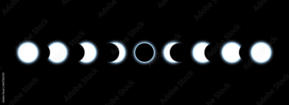 Full moon eclipse concept illustration. Set of moon phases or stages. Total sun eclipse and lunar cycle. Blue glow elements collection for poster, banner, collage, brochure, cover. Vector - obrazy, fototapety, plakaty 