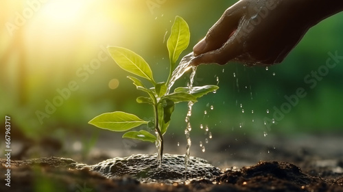 Hand nurturing and watering plants growing  on fertile soil at sunset background Ecology concept photo