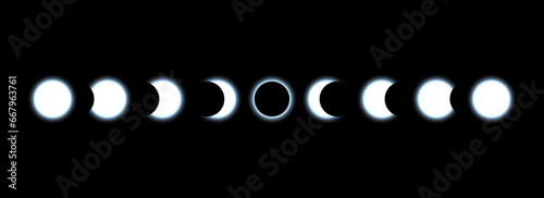 Full moon eclipse concept illustration. Set of moon phases or stages. Total sun eclipse and lunar cycle. Blue glow elements collection for poster, banner, collage, brochure, cover. Vector