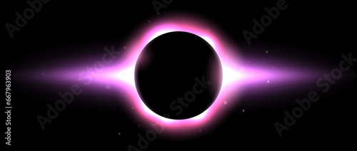 Iridescent round aura eclipse. Pink purple planet glow background. Sun or moon total eclipse in dark space. Star aurora flare with sparks and sparkles effects. Vector illustration photo