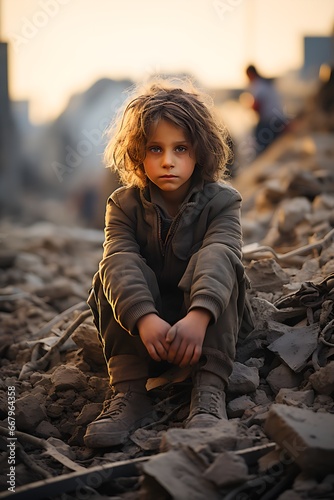 Child sitting in the rubble of a destroyed building