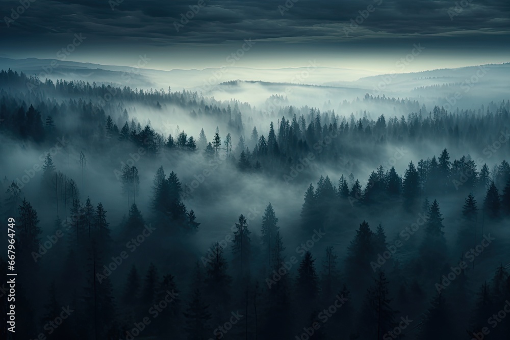 Foggy morning in the mountains. Landscape with coniferous forest, Misty dark forest aerial landscape view, AI Generated