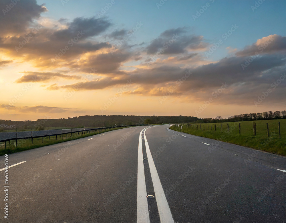 Evening light, a flat, large asphalt road stunning sky at twilight. High quality photo Evening light, a flat, large asphalt road stunning sky at twilight. High quality photo