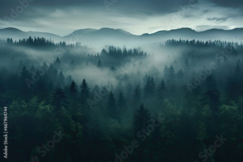 Foggy morning in the Carpathian mountains, Ukraine, Misty dark forest aerial landscape view, AI Generated © Ifti Digital